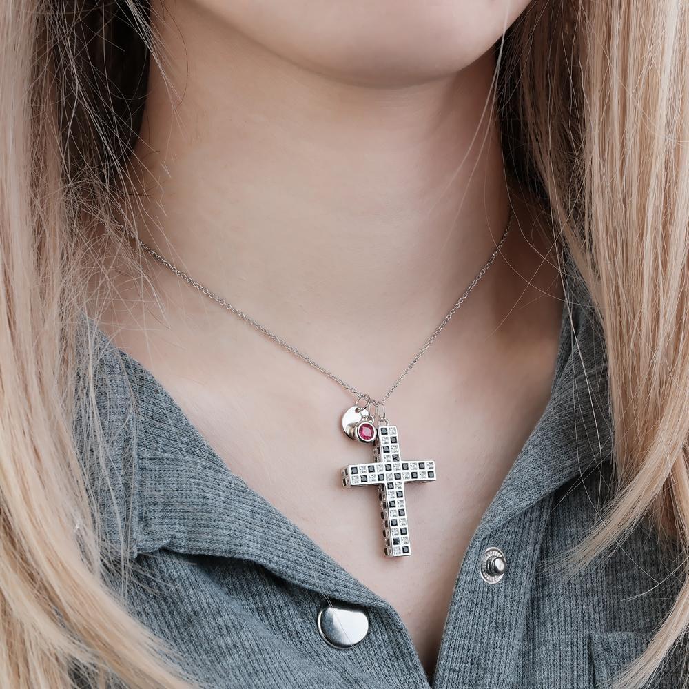 Custom Birthstone Letter Necklace Checkered Flag Cross Unique Gifts - soufeeluk