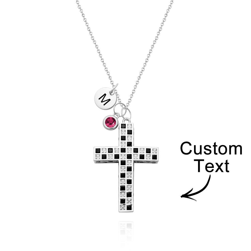 Custom Birthstone Letter Necklace Checkered Flag Cross Unique Gifts - soufeeluk
