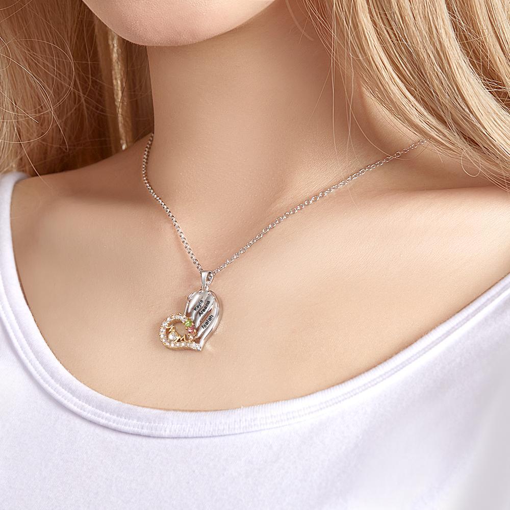 Custom Engraved Birthstone Necklace Heart Pendant Necklace Gift for Mom - soufeeluk