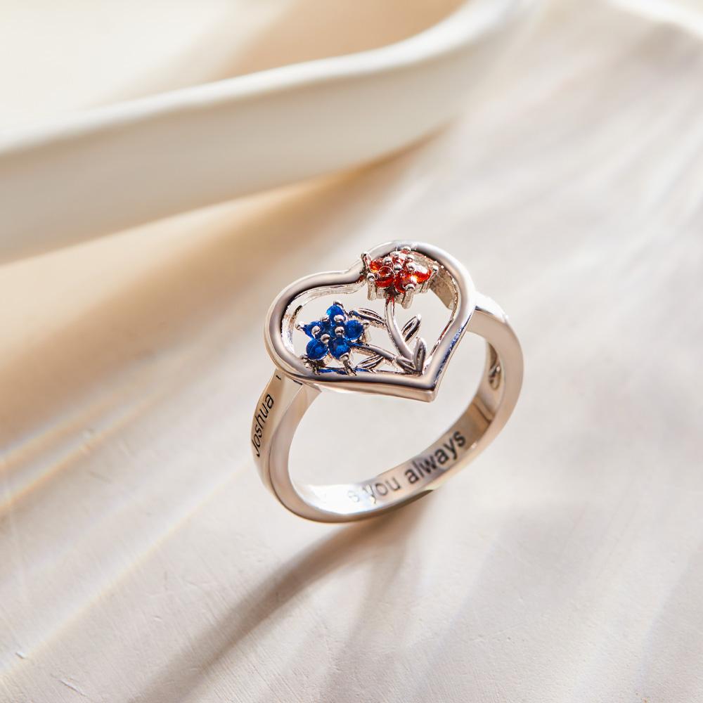 Custom Birthstone Engraved Rings Creative Flowers Silver Gifts - soufeeluk