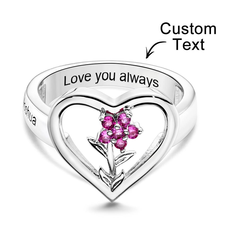 Custom Birthstone Engraved Rings Creative Flowers Silver Gifts - soufeeluk