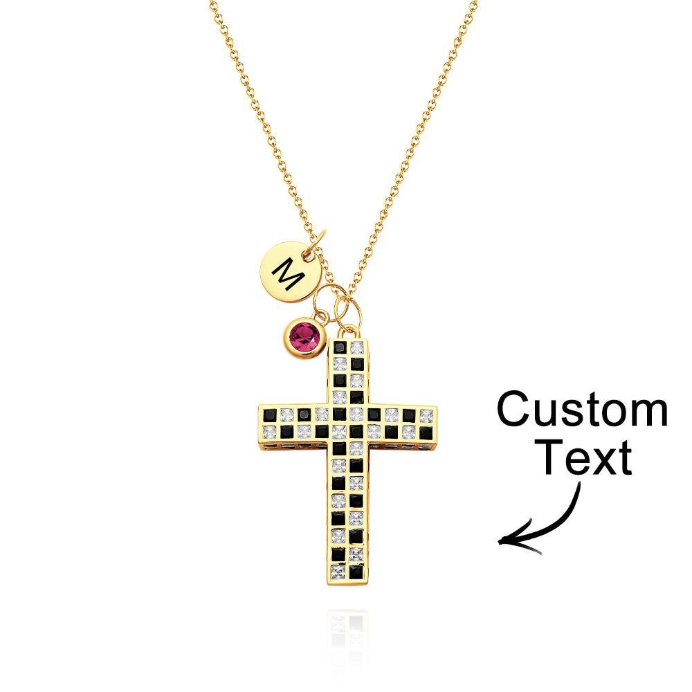 Custom Birthstone Letter Necklace Checkered Flag Cross Unique Gifts - soufeeluk