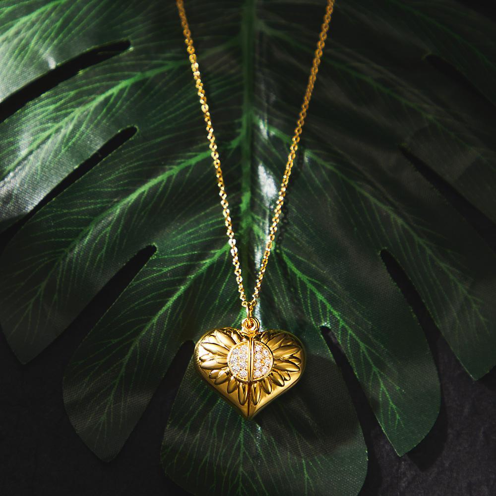Custom Photo Engraved Necklace Sunflower Heart Pendant Necklace Gift for Women - soufeeluk
