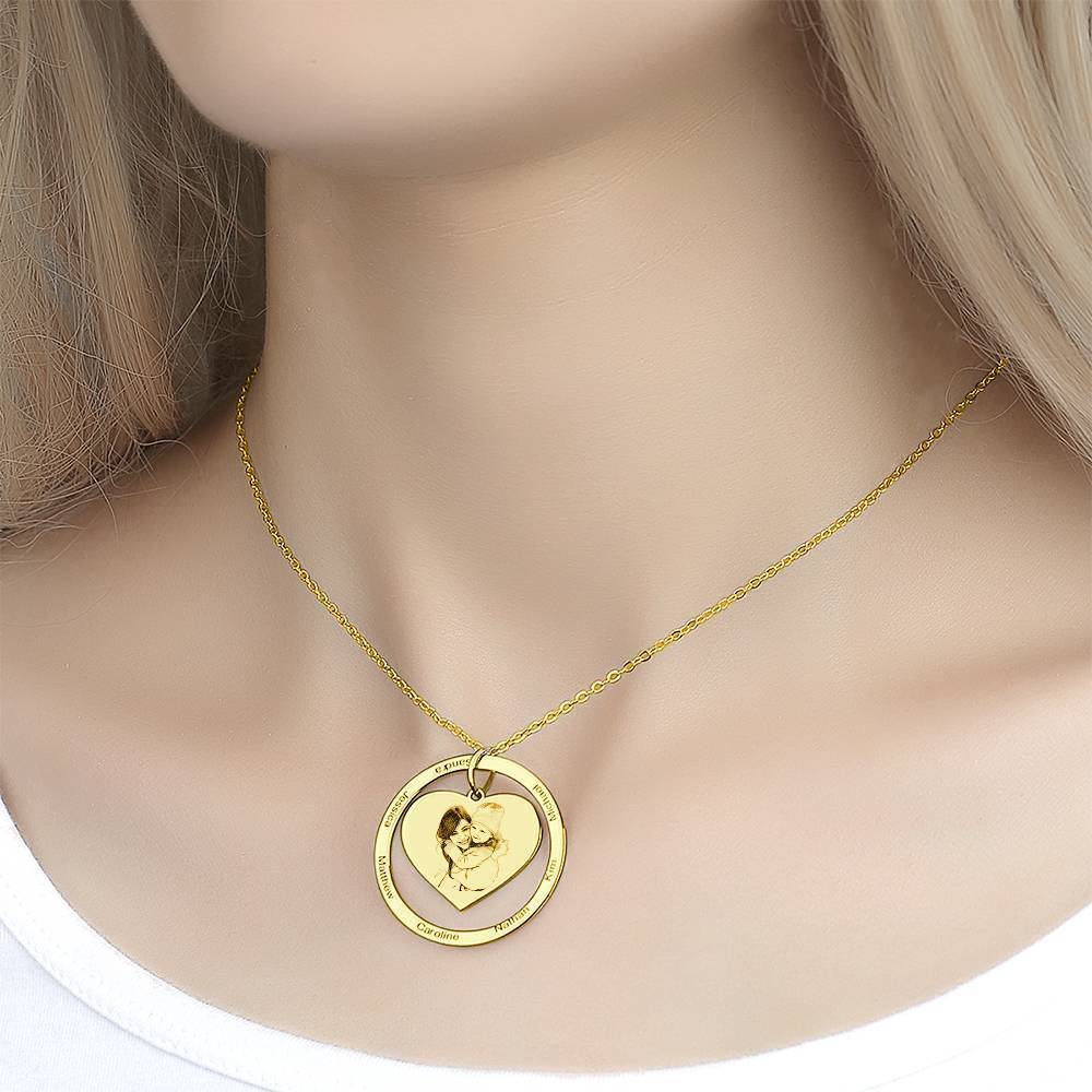 Photo Engraved Necklace Heart In Round Pendant, Family Necklace 14K Gold Plated - Golden