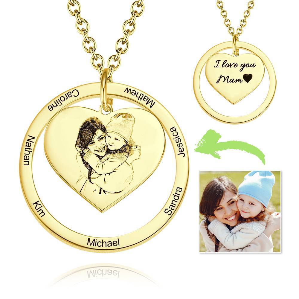 Photo Engraved Necklace Heart In Round Pendant, Family Necklace 14K Gold Plated - Golden