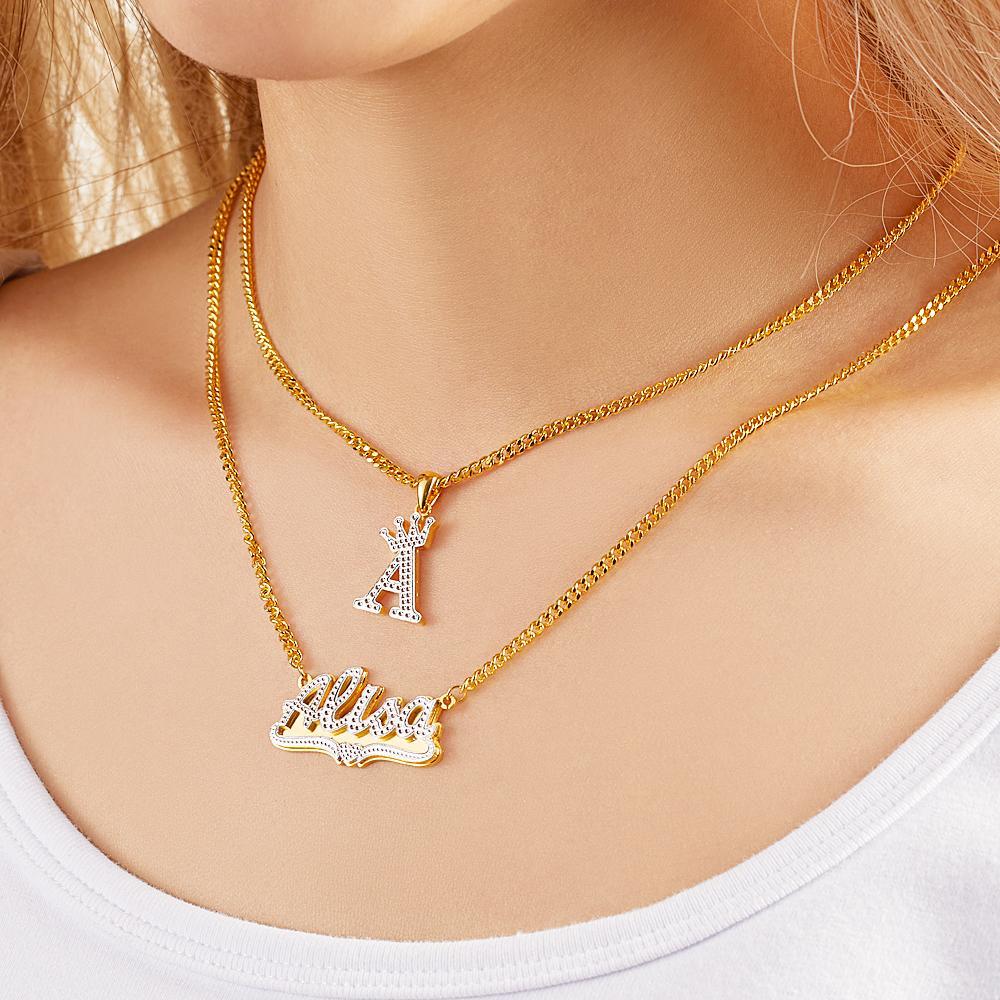 Custom Engraved Necklace Double Necklace Crown Letter Necklace Gift to Her - soufeeluk