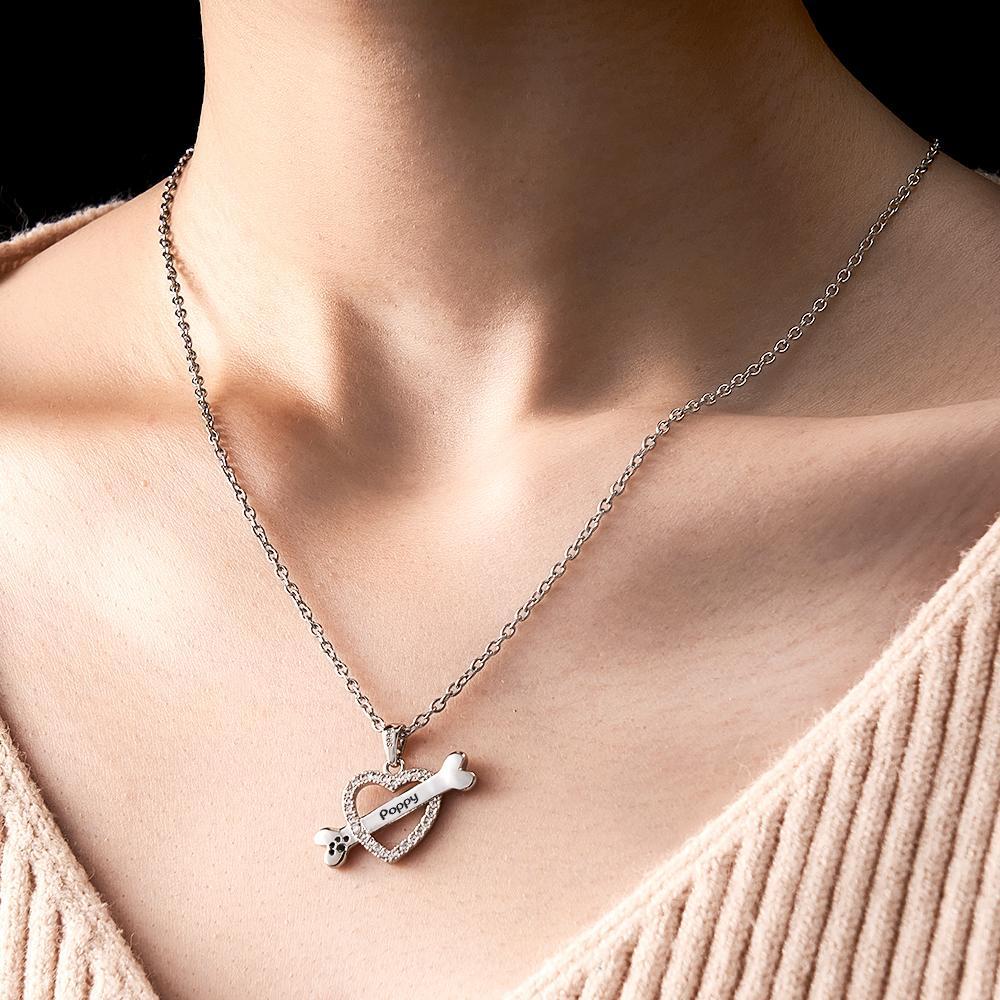 Personalized Bone Necklace With Text Fashion Heart-Shaped Rhinestone Pendant Gift For Her - soufeeluk
