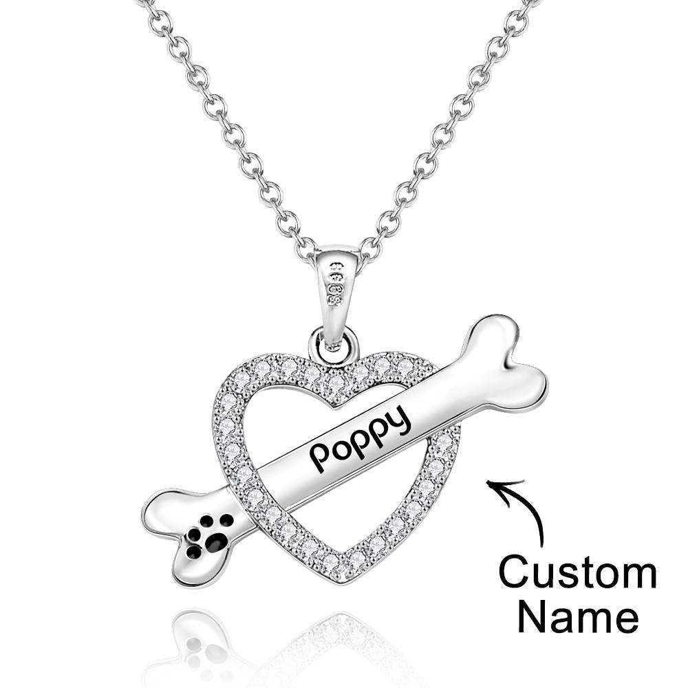 Personalized Bone Necklace With Text Fashion Heart-Shaped Rhinestone Pendant Gift For Her