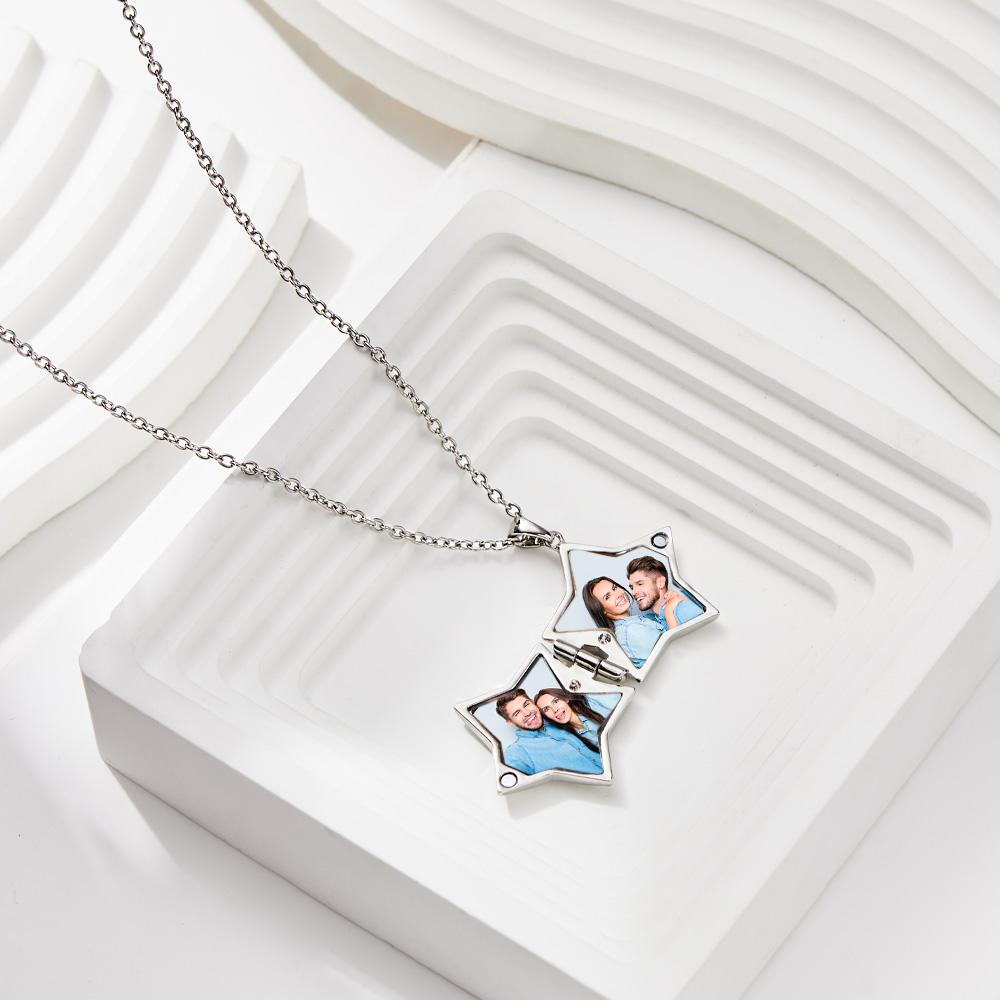 Star Locket Photo Necklace Personalized Engraved Memorial Picture Pendant Gift For Her - soufeeluk