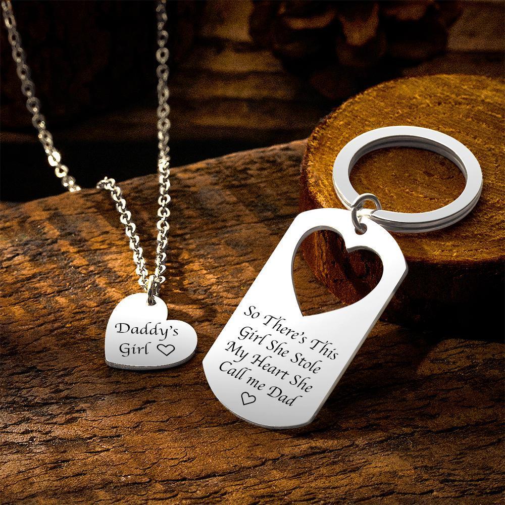 Personalised Matching Keychain For Dad Girl Necklace Set Engraved Jewellery