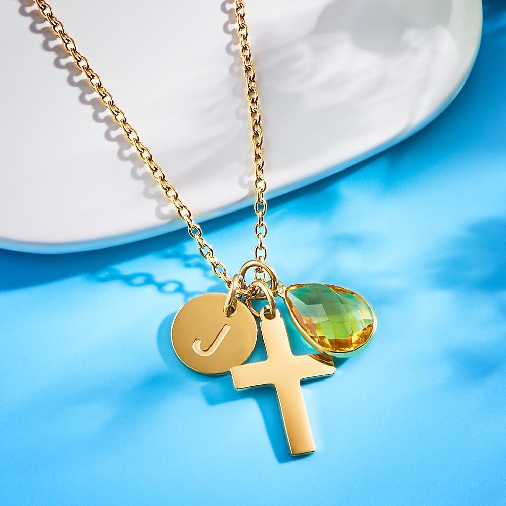 Custom Engraved Initial Cross Necklace Crucifix Pendant Initial and Birthstone Faith Necklace