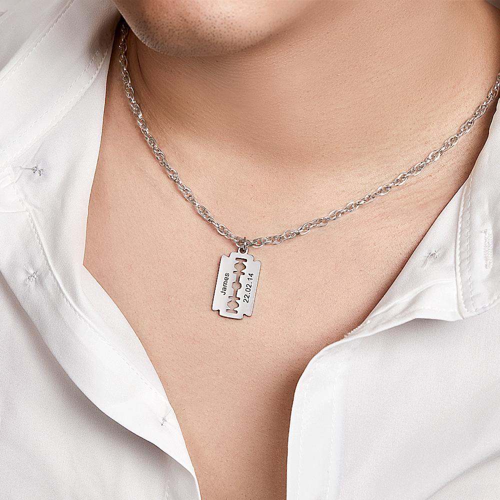 Custom Engraved Necklace Razor Blade Pendant Necklace Fashion Gift for Men - soufeeluk