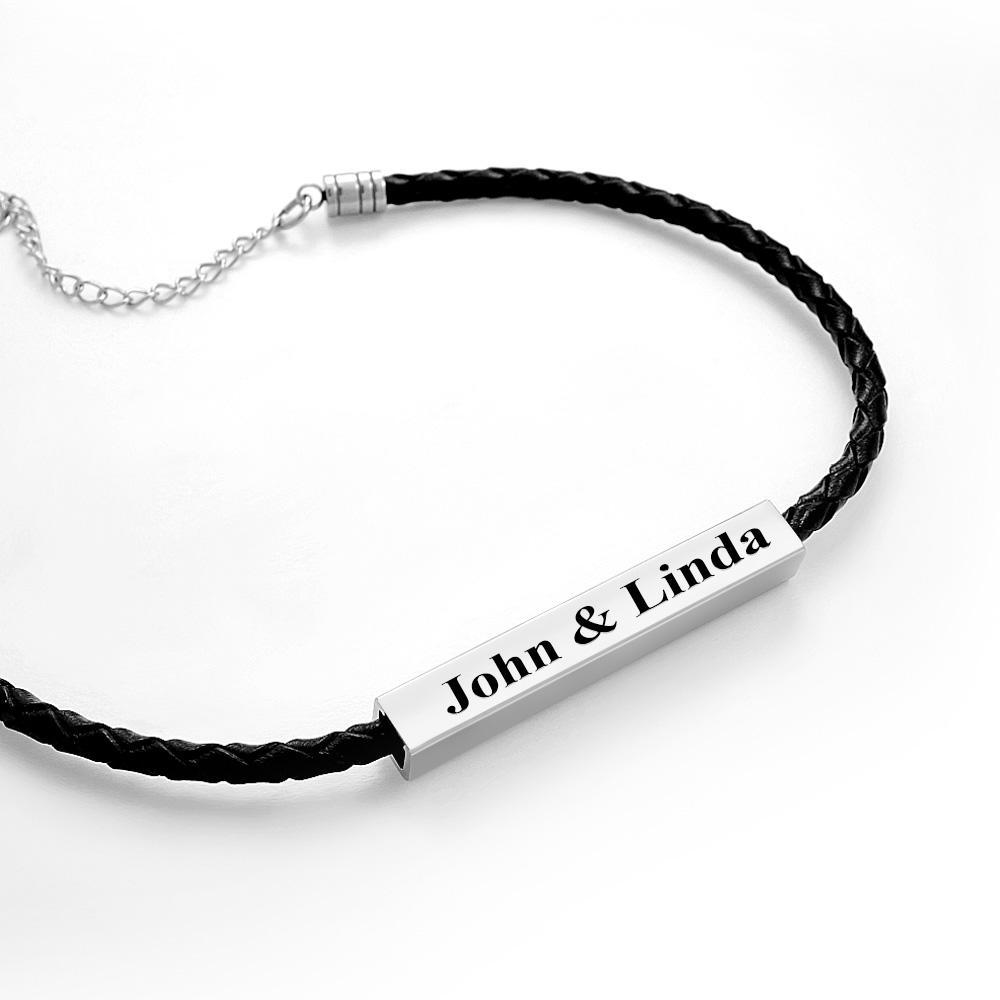 Custom Made Men's Leather Bracelet with Stainless Steel Engraved Bar Personalized ID Bracelet Gift for Him Men Dad Boyfriend Husband - soufeeluk