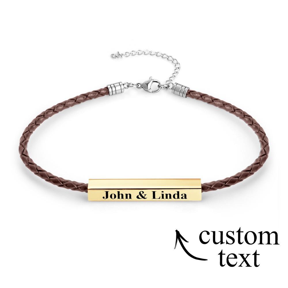 Custom Made Men's Leather Bracelet with Stainless Steel Engraved Bar Personalized ID Bracelet Gift for Him Men Dad Boyfriend Husband - soufeeluk