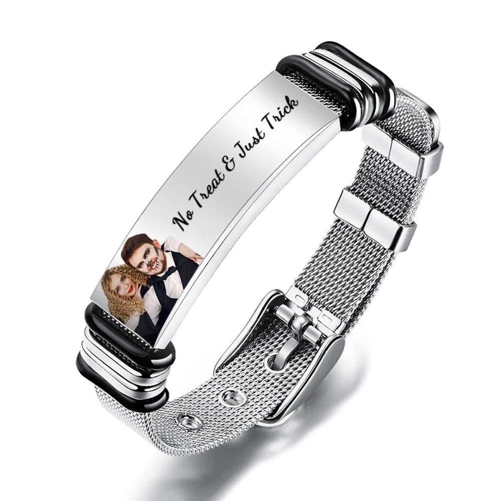 Custom Photo And Engraved Stainless Steel Bracelet Gift For Couples Halloween Gifts - soufeeluk