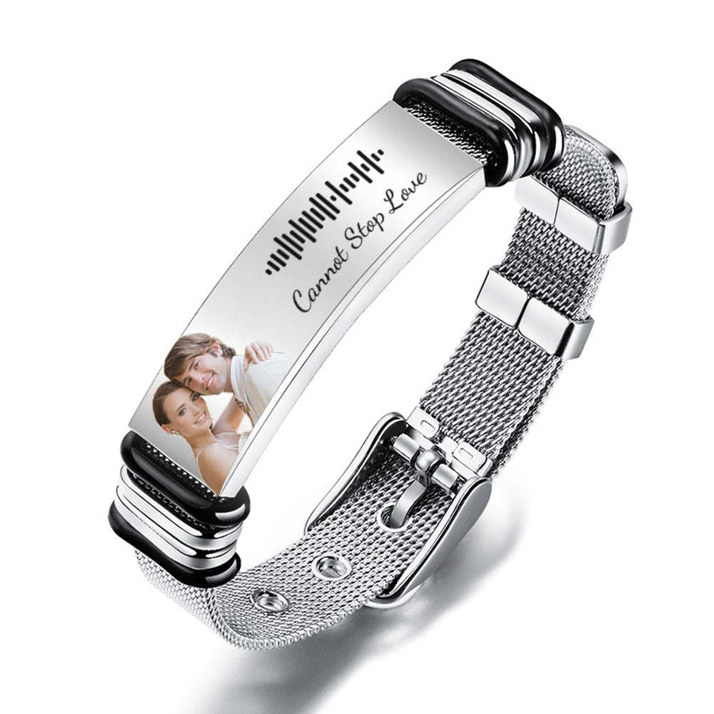 Customized Optional Photo Engraved Spotify Code Stainless Steel Bracelet Best Gifts For Dads On Father's Day