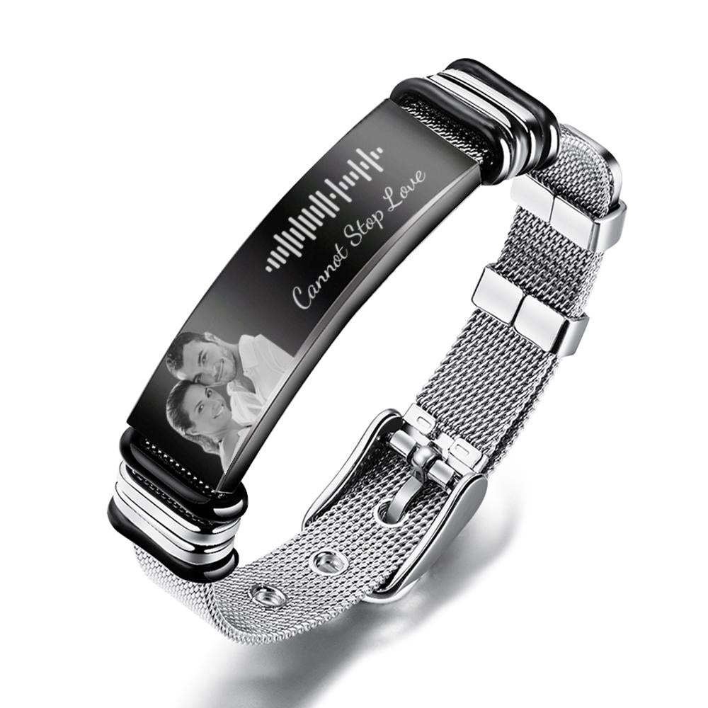 Customized Optional Photo Engraved  Music Code Stainless Steel Bracelet Best Gifts For Men Gifts For Couples - soufeeluk
