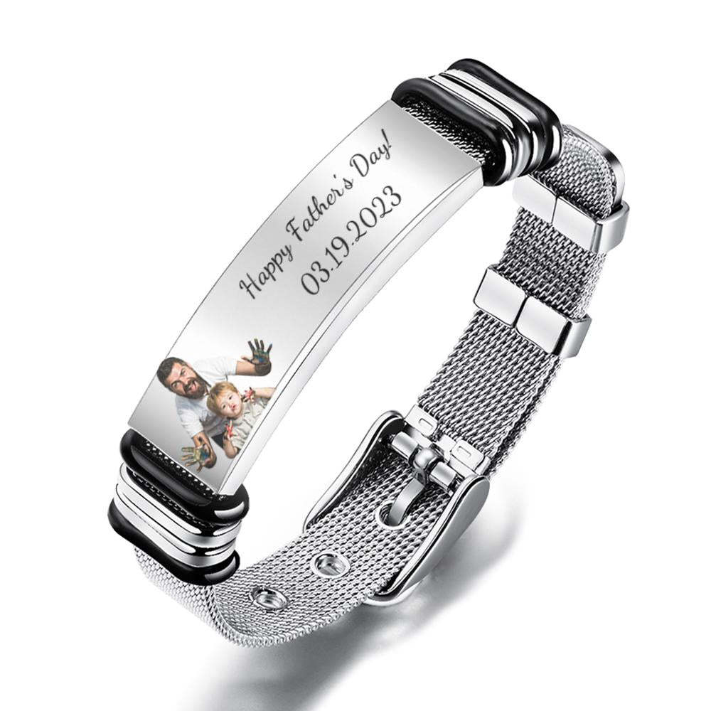 Customized Optional Photo Engraved Spotify Code Stainless Steel Bracelet Best Gifts For Dads On Father's Day