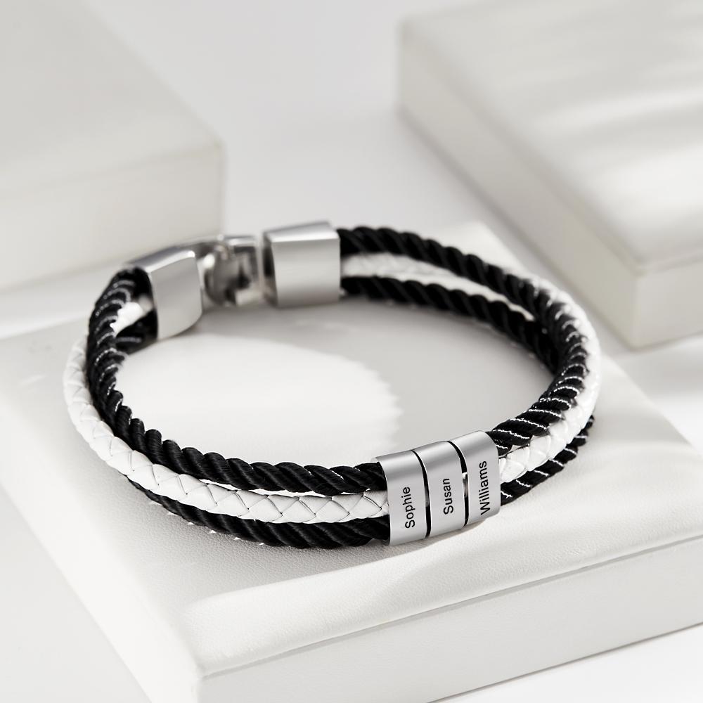 Custom Engraved Bracelet Mens Braided Layered Leather Gifts - soufeeluk