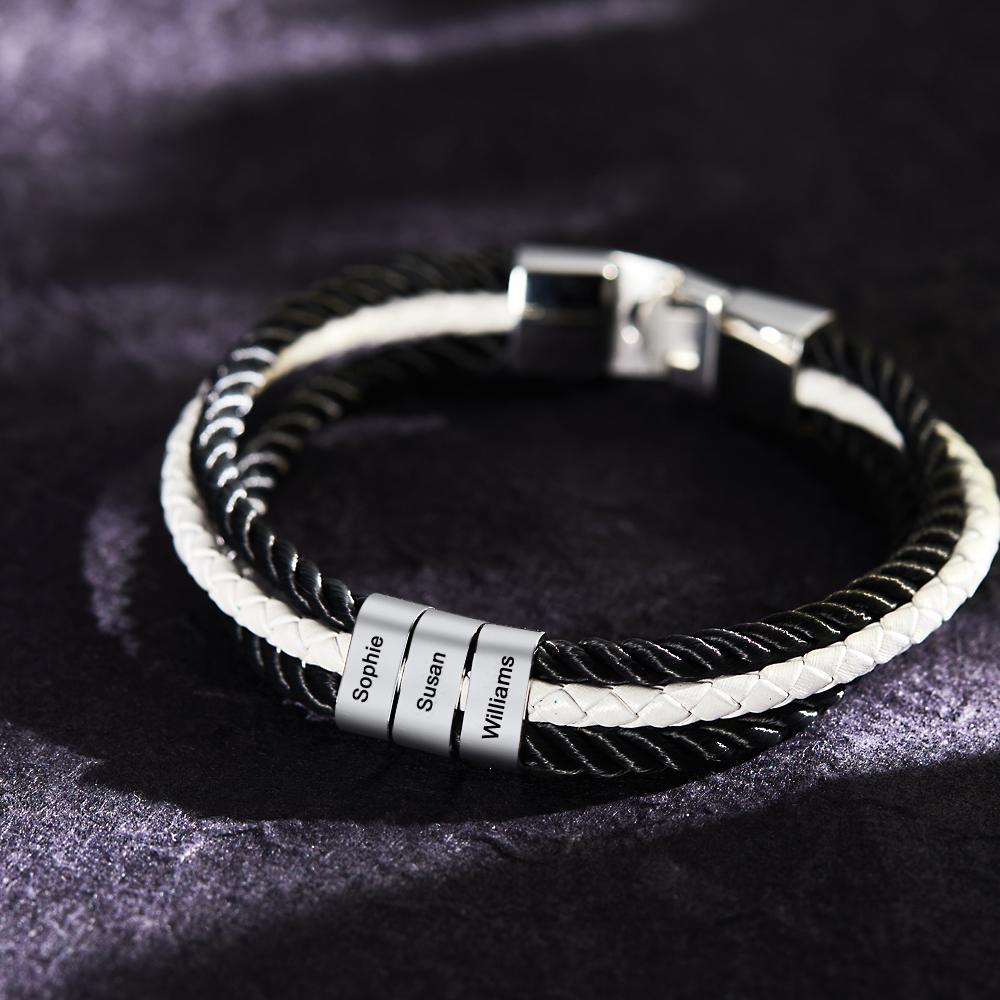 Custom Engraved Bracelet Mens Braided Layered Leather Gifts - soufeeluk