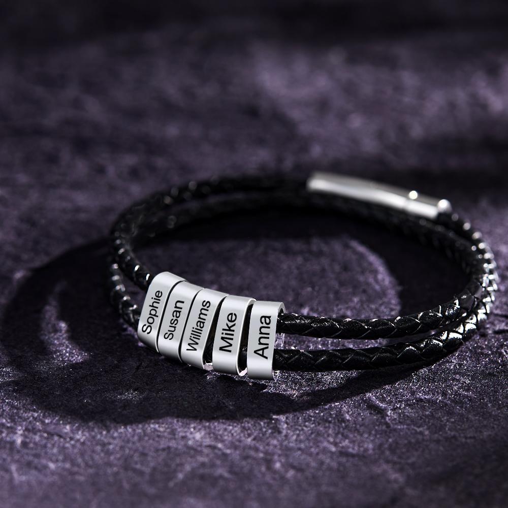 Custom Engraved Bracelet Beads Braided Leather Men's Gifts - soufeeluk