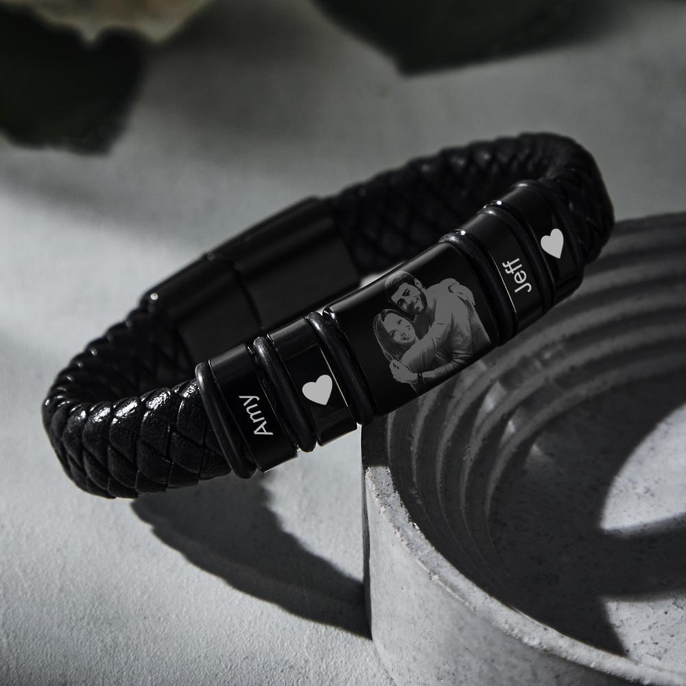 Custom Photo Engraved Bracelet Personalised Leather Men's Bracelet Anniversary Gift - soufeeluk