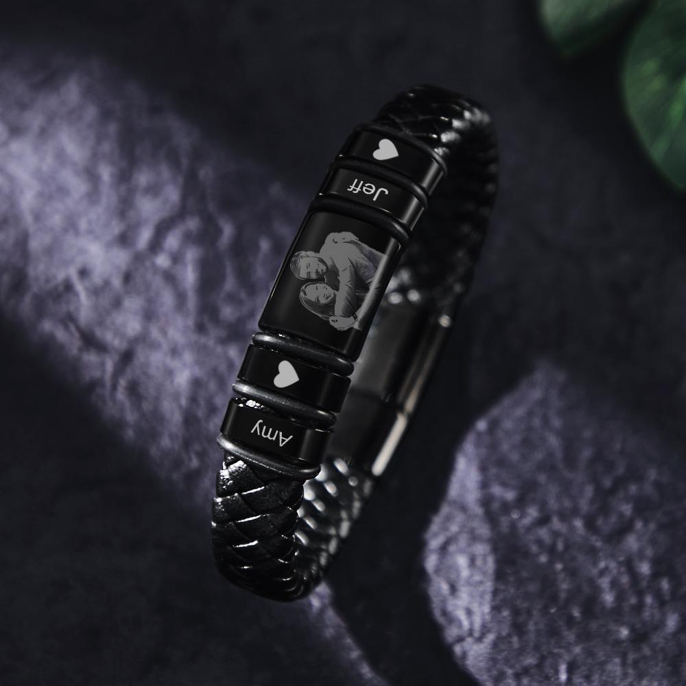 Custom Photo Engraved Bracelet Personalised Leather Men's Bracelet Anniversary Gift - soufeeluk