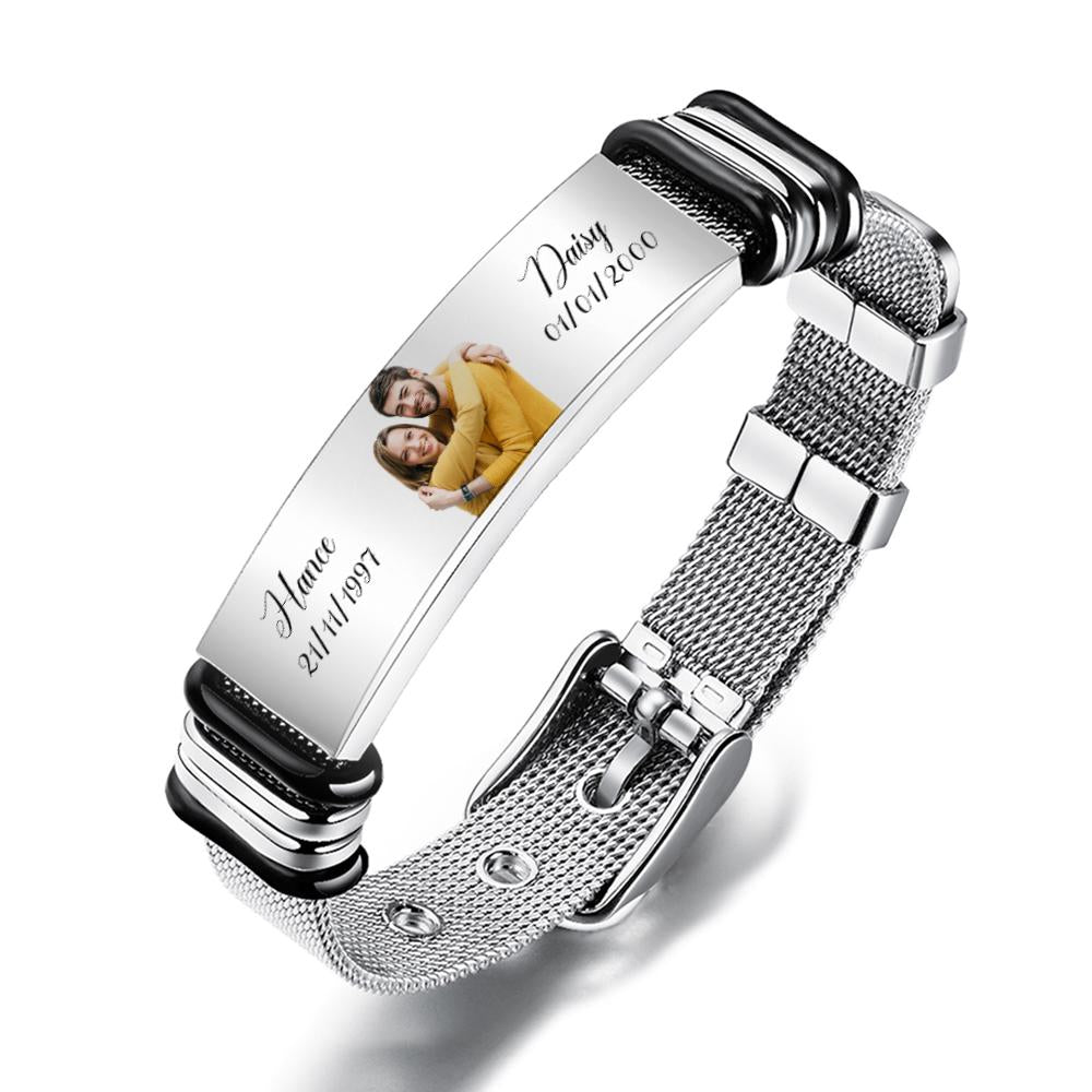 Custom Stainless Steel Mens Bracelet With Two Custom Date And Name Photo Engraved Black Filter Best Gifts For Couples - soufeeluk