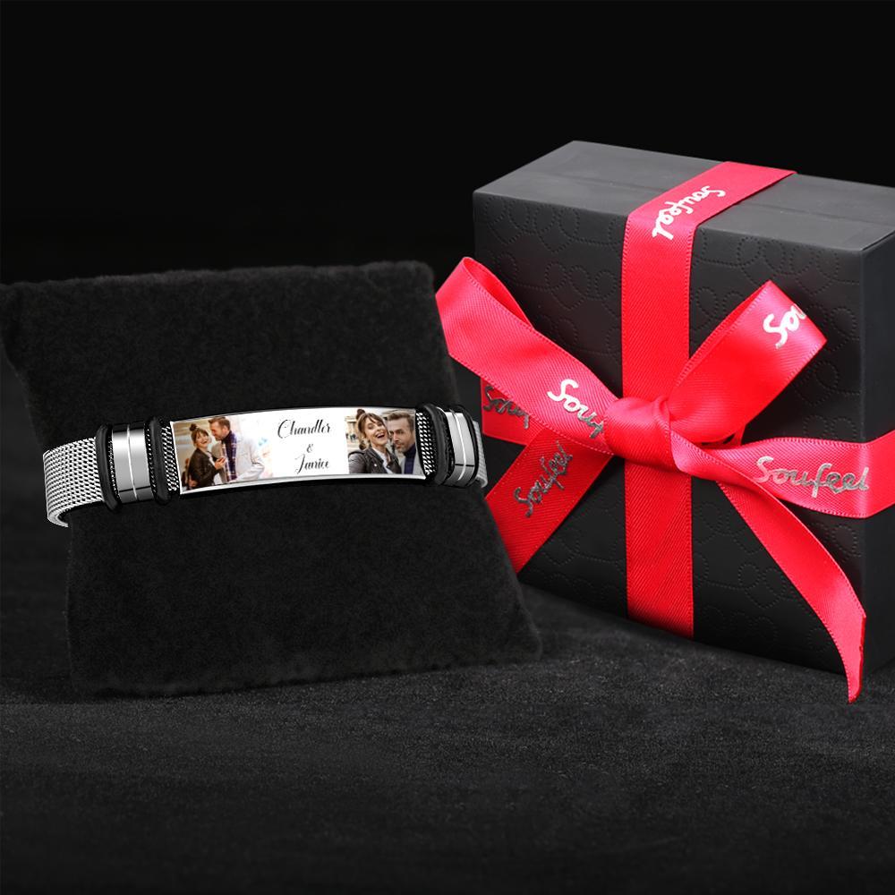 Custom Stainless Steel Mens Bracelet With Two Photo And Engraved Words Best Gifts For Lovers On Valentine's Day - soufeeluk