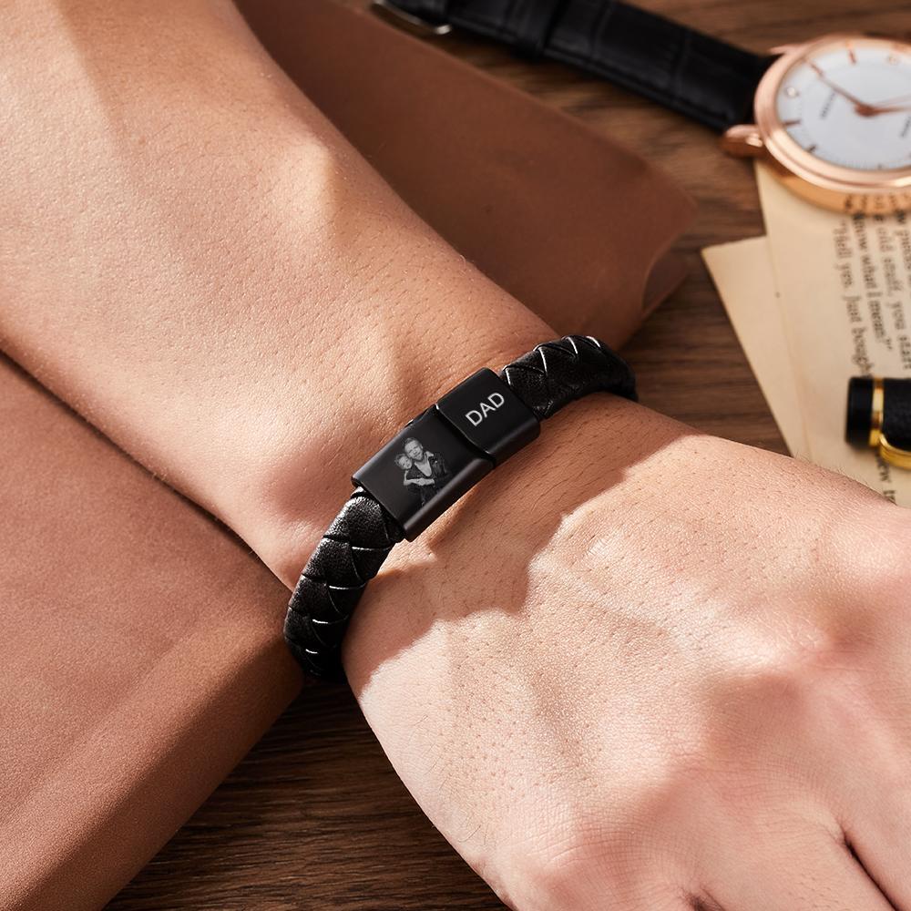 Custom Photo Engraved Bracelet Men's Bracelet Leather Father's Day Gift - soufeeluk