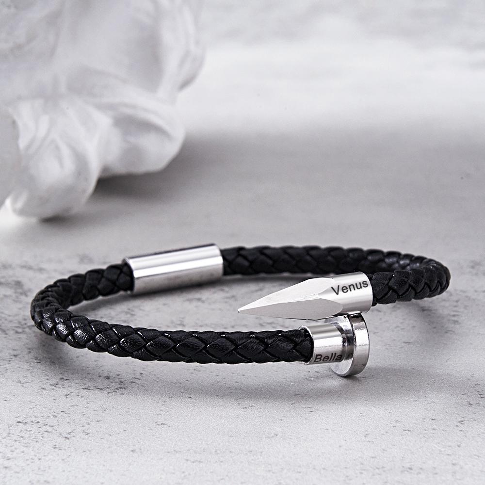 Engraved Leather Nail Bracelet Personalised Vintage Rope Bracelet Gifts For Him - soufeeluk