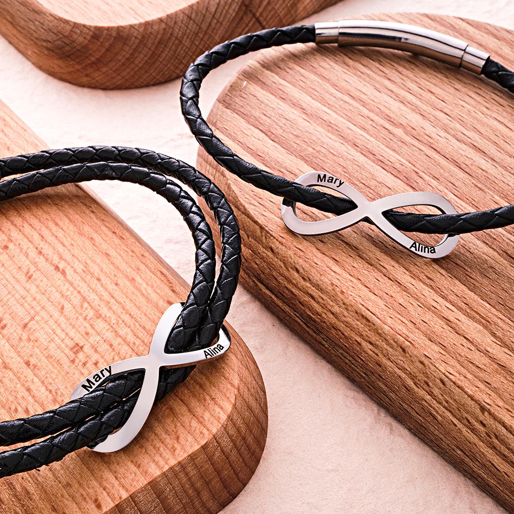 Engraved Infinity Sign Bracelet Set Personalised Leather Bracelet For Couples - soufeeluk