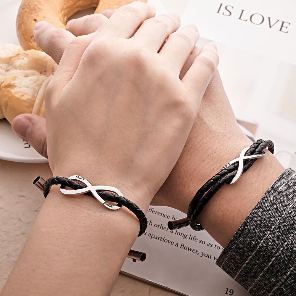 Engraved Infinity Sign Bracelet Set Personalised Leather Bracelet For Couples - soufeeluk