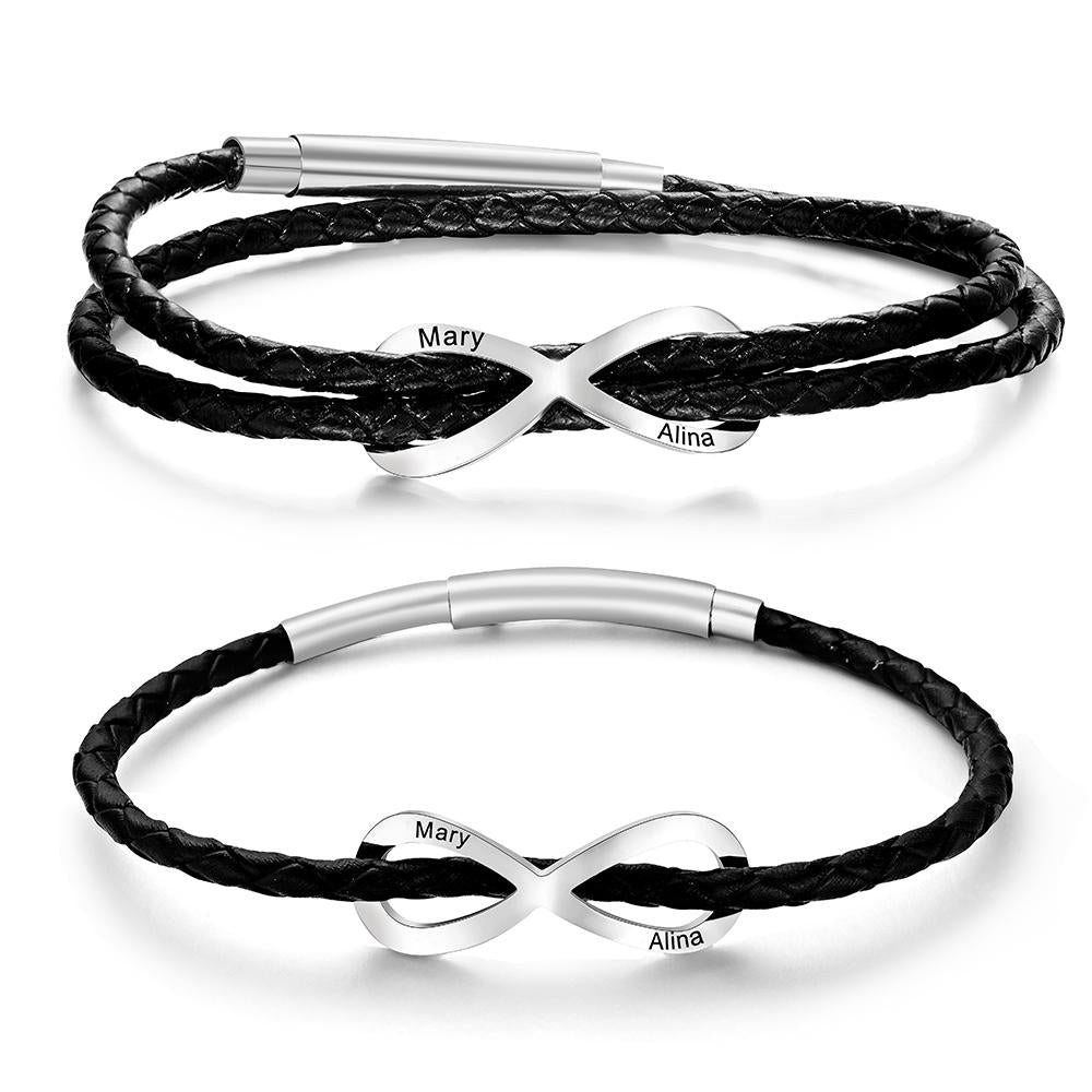 Engraved Infinity Sign Bracelet Set Personalised Leather Bracelet For Couples - soufeeluk