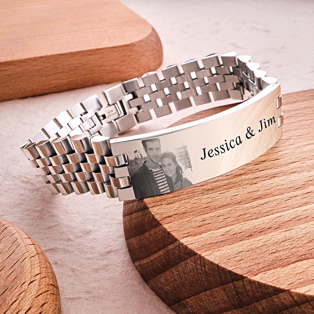 Personalised Photo Wide Bracelet With Text Engraved Vintage Bracelet Gifts For Him - soufeeluk