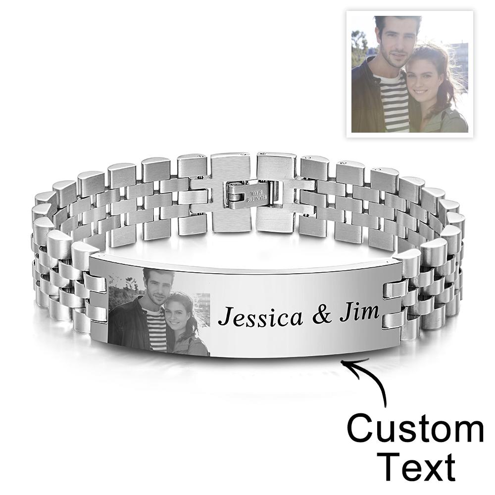 Personalised Photo Wide Bracelet With Text Engraved Vintage Bracelet Gifts For Him - soufeeluk