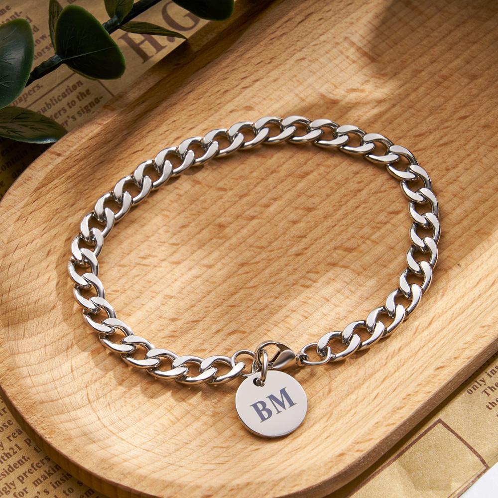 Engraved Initials Thick Cuban Chain Link Bracelet Stainless Steel Bracelet for Men - soufeeluk