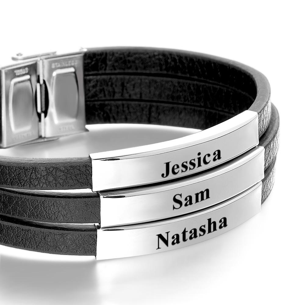 Personalised Father's Day Gift Custom 3 Names Bracelet Stainless Steel Leather Men Bracelet - soufeeluk