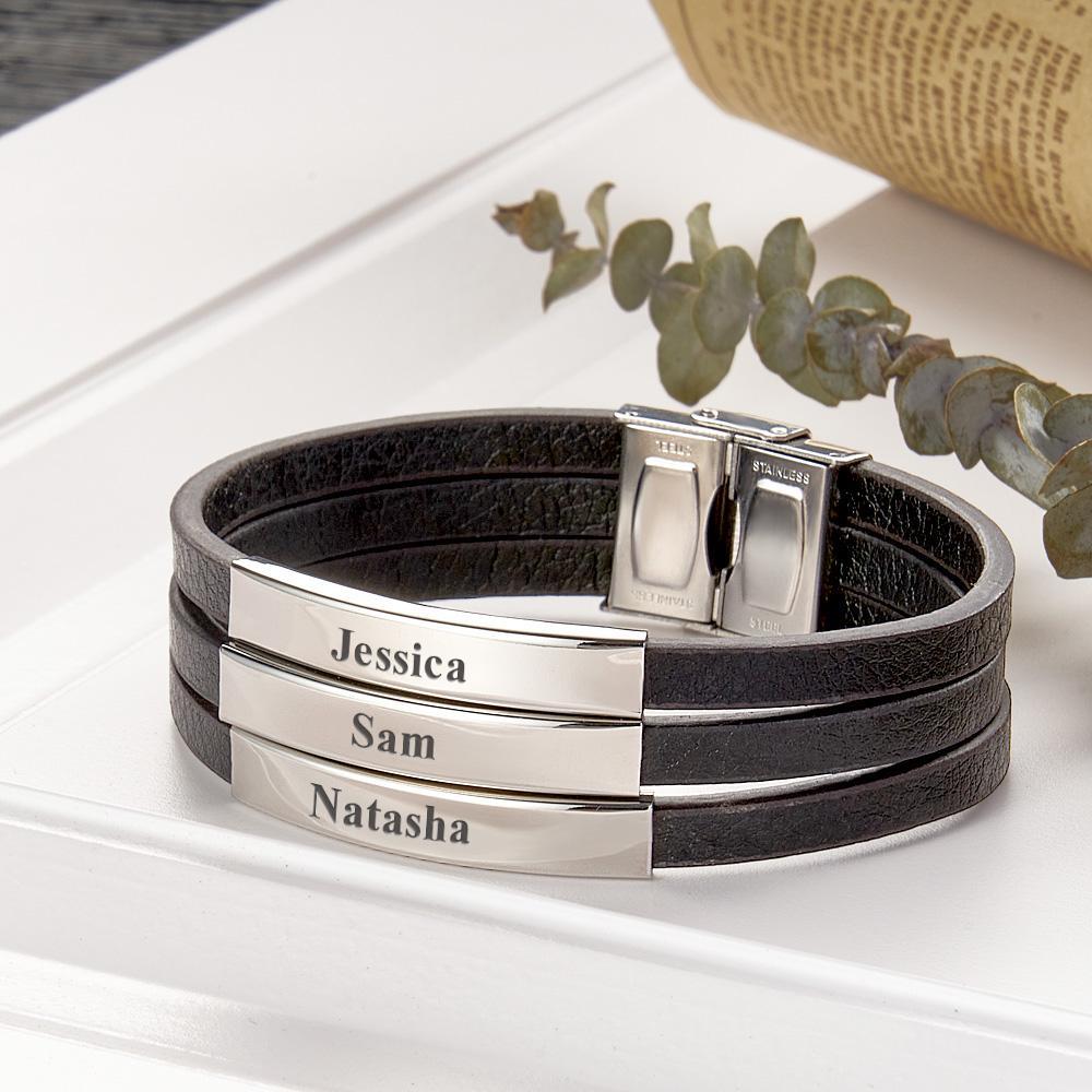 Personalised Father's Day Gift Custom 3 Names Bracelet Stainless Steel Leather Men Bracelet - soufeeluk