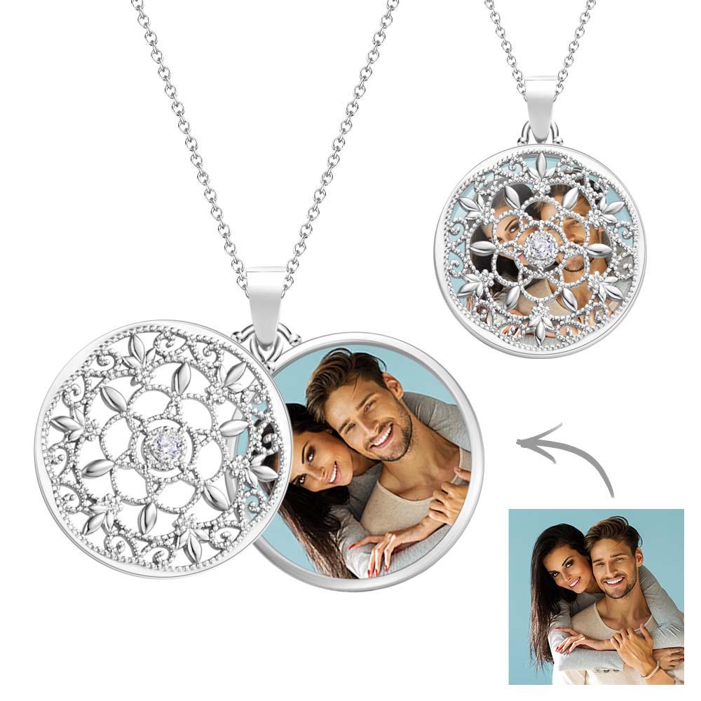 Custom Photo Necklace Ornate Round Swivel Locket Couple Gifts - soufeeluk