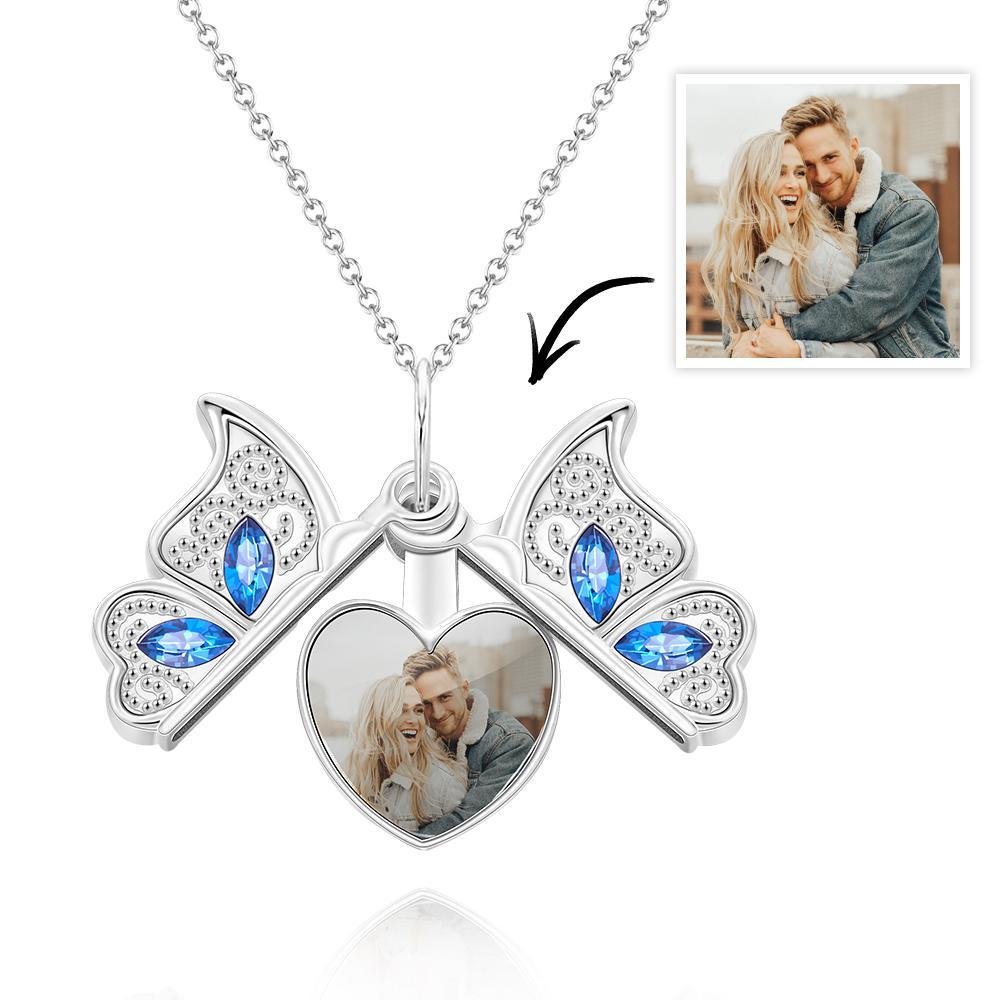 Custom Photo Necklace Butterfly Pendant Locket Necklace Gift for Women - soufeeluk