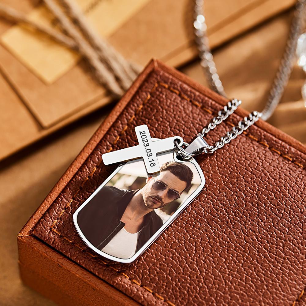 Personalized Portrait Necklace for Men Custom Photo and Engraving Necklace Gift for Boyfriend - soufeeluk