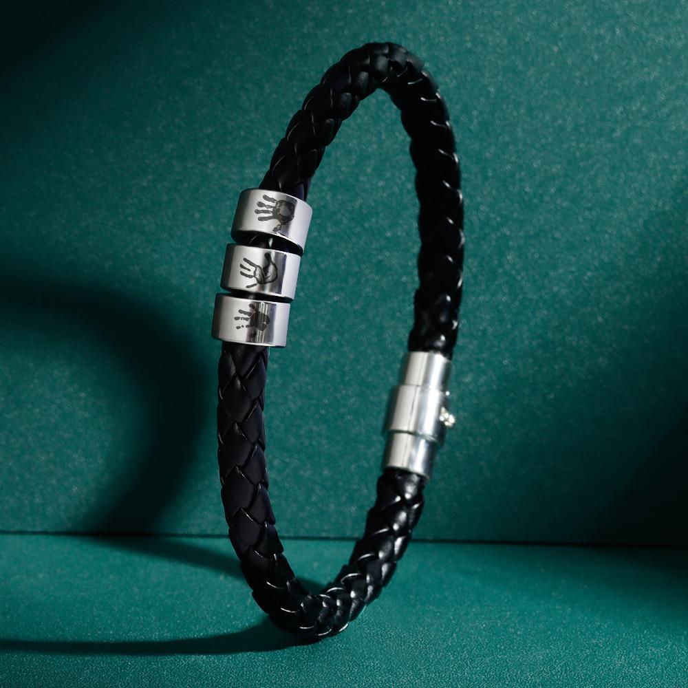 Men's Custom Handprint Bracelet Black Leather Bracelet New Dad Gift Charm Bracelet for Men - soufeeluk