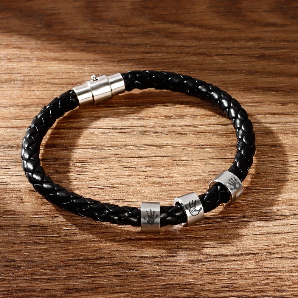 Men's Custom Handprint Bracelet Black Leather Bracelet New Dad Gift Charm Bracelet for Men - soufeeluk