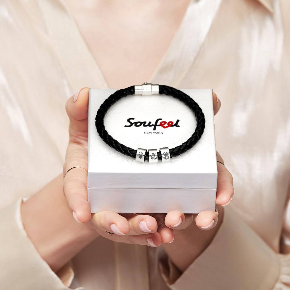 Men's Custom Handprint Bracelet Black Leather Bracelet New Dad Gift Charm Bracelet for Men - soufeeluk