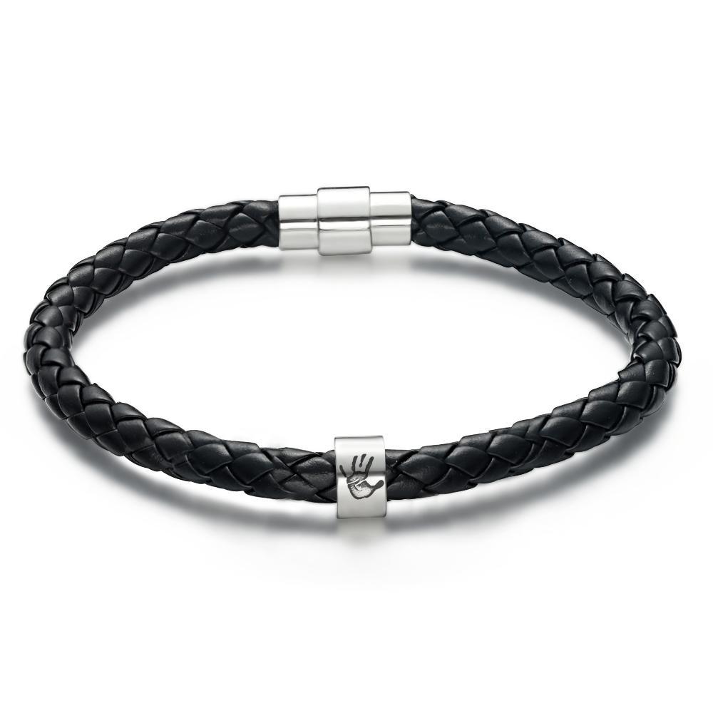 Men's Custom Handprint Bracelet Black Leather Bracelet New Dad Gift Charm Bracelet for Men - soufeeluk