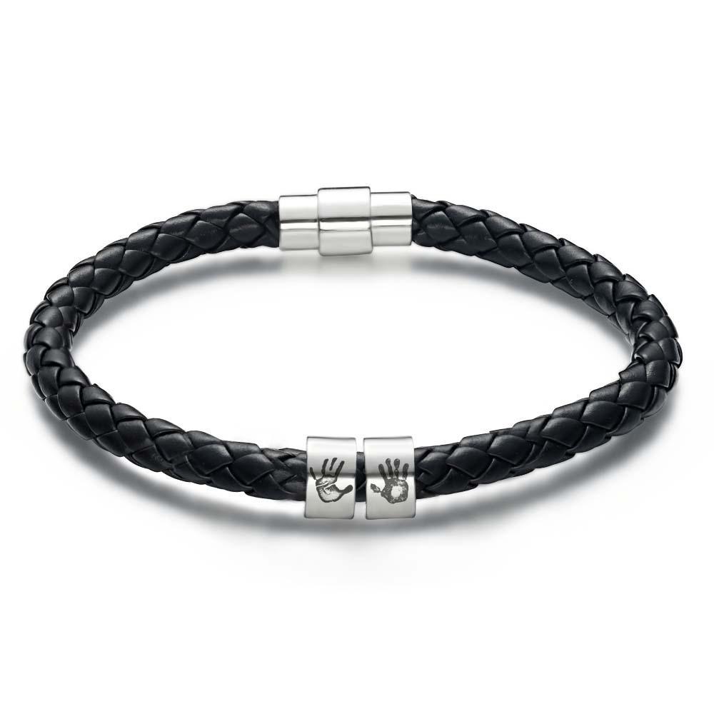 Men's Custom Handprint Bracelet Black Leather Bracelet New Dad Gift Charm Bracelet for Men - soufeeluk