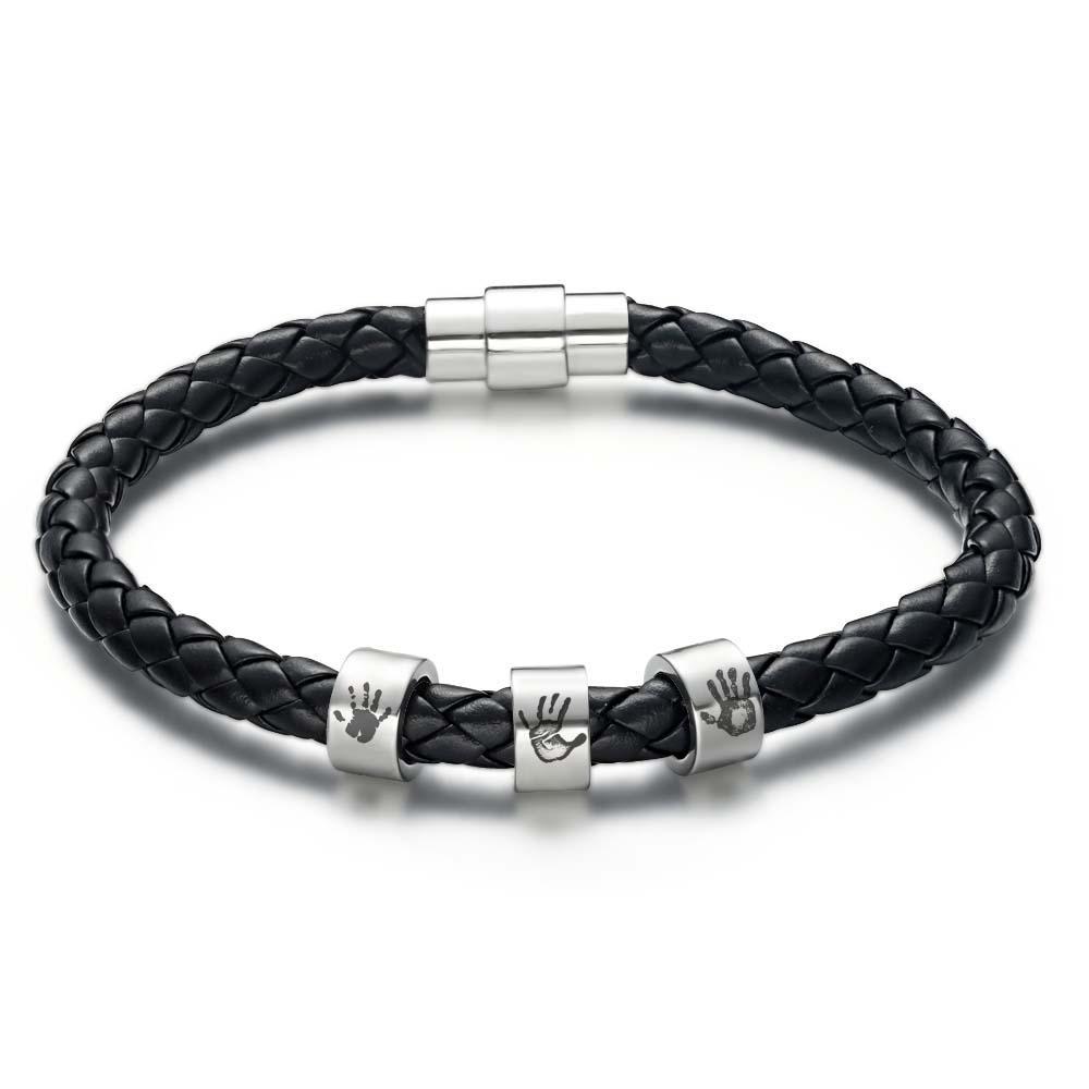 Men's Custom Handprint Bracelet Black Leather Bracelet New Dad Gift Charm Bracelet for Men - soufeeluk
