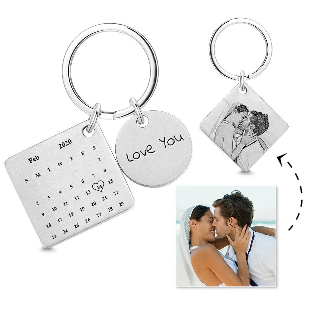Custom Photo Engraved Calendar Silver Keyring Key Chain | Best Anniversary Gift - soufeeluk