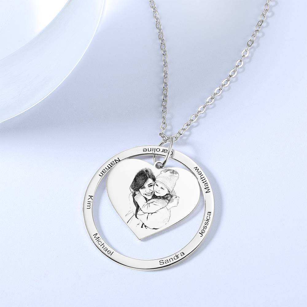 Photo Engraved Necklace Heart In Round Pendant, Family Necklace Platinum Plated - Silver